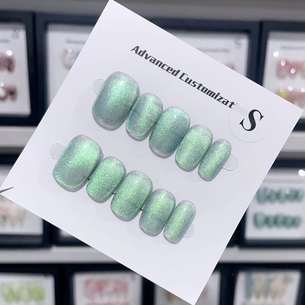 Green Cat Eye Handmade Press On Nails - Arcanus Nails