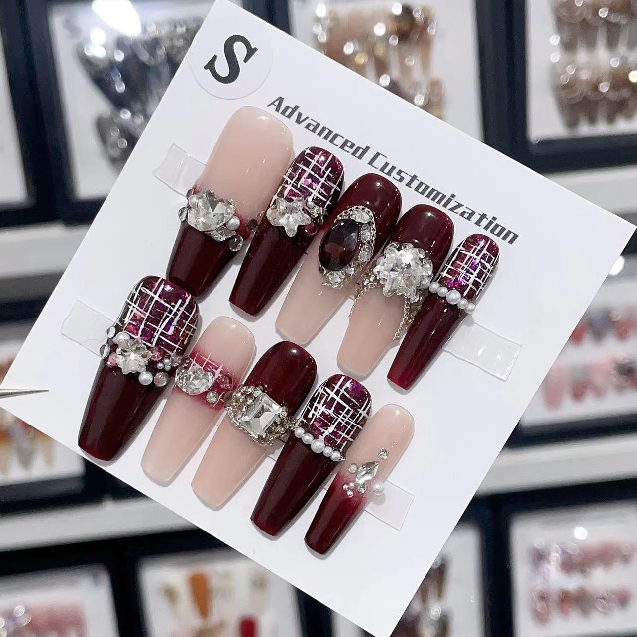Crimson Elegance Plaid Handmade Press On Nails - Arcanus Nails