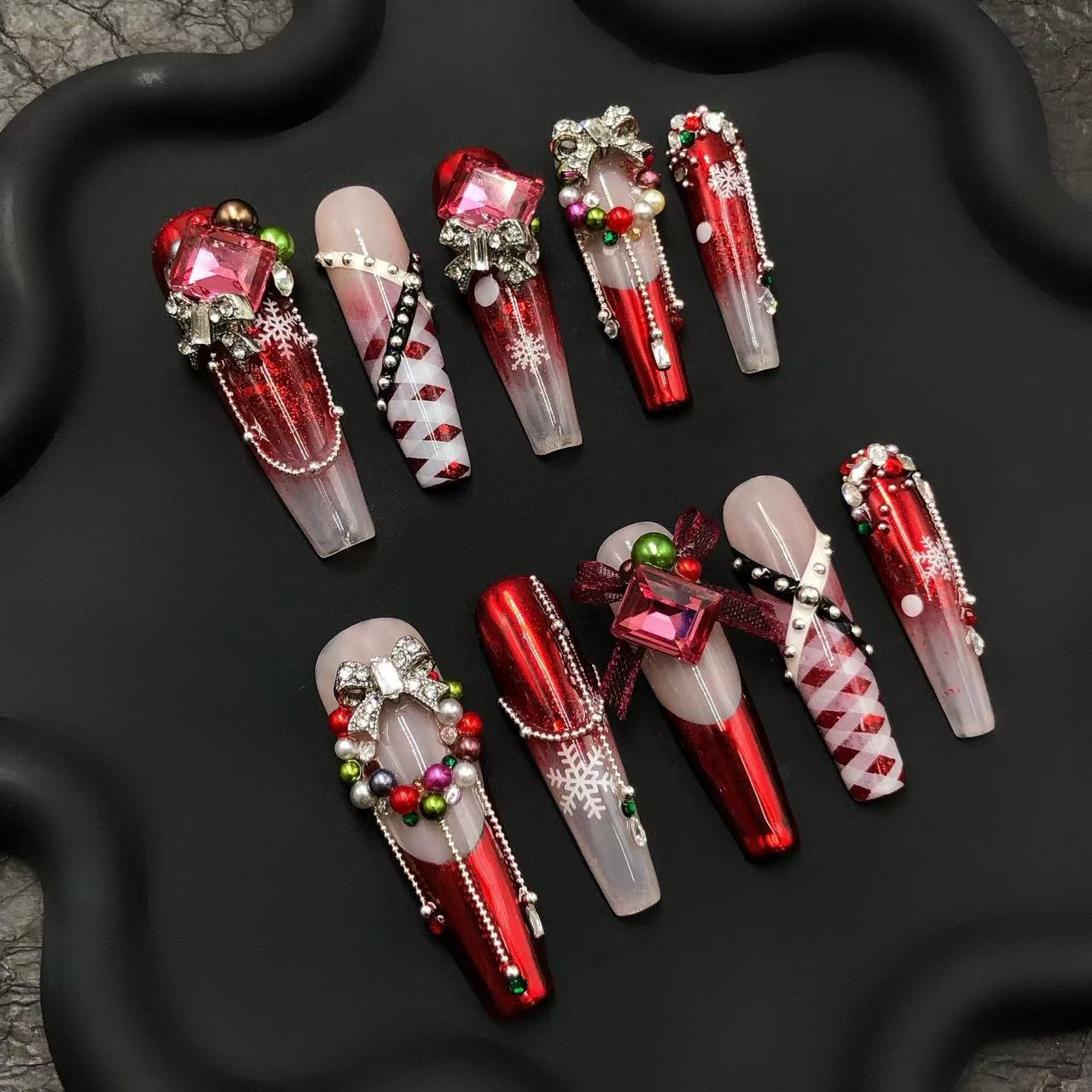 Crimson Noel Handmade Press On Nails - Arcanus Nails