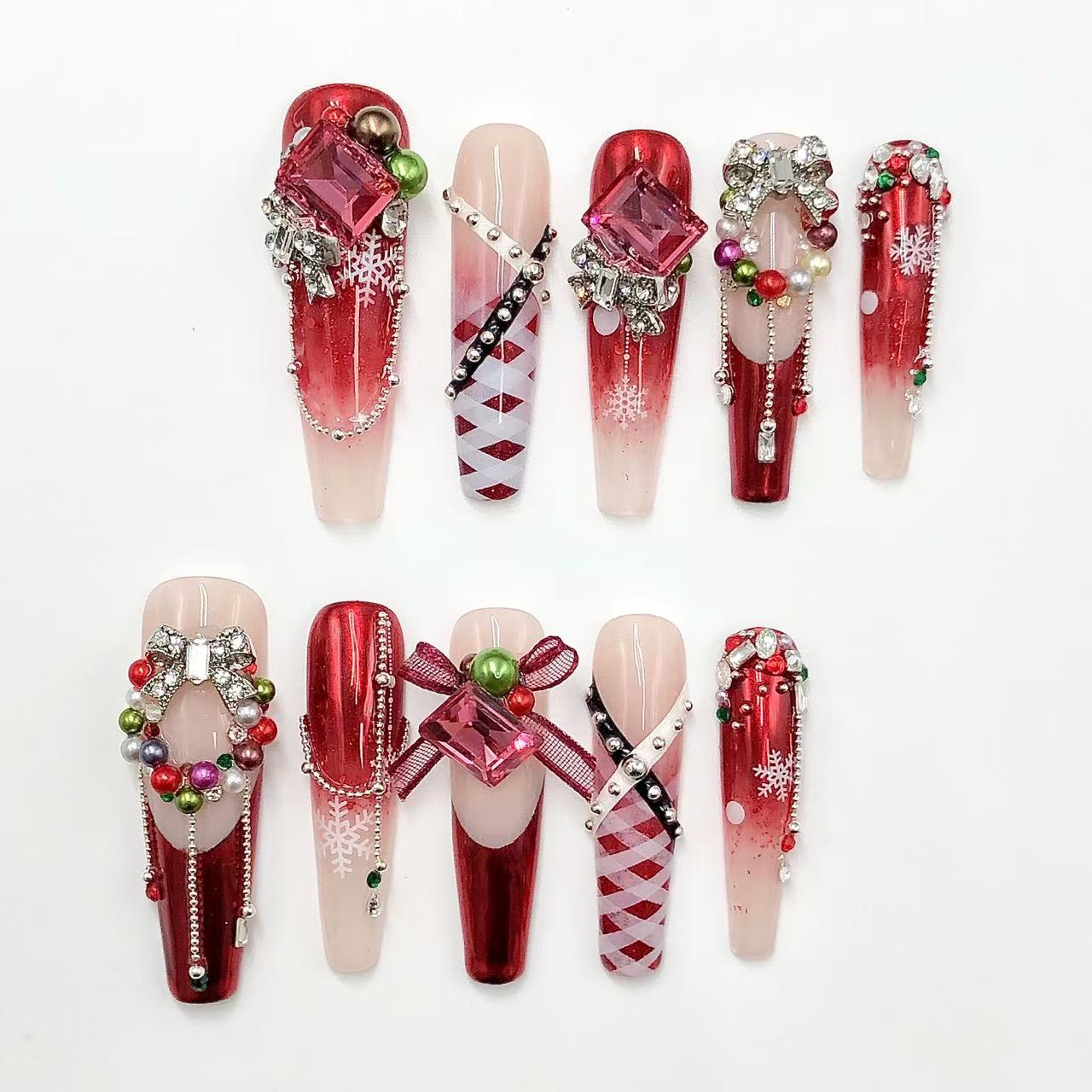 Crimson Noel Handmade Press On Nails - Arcanus Nails