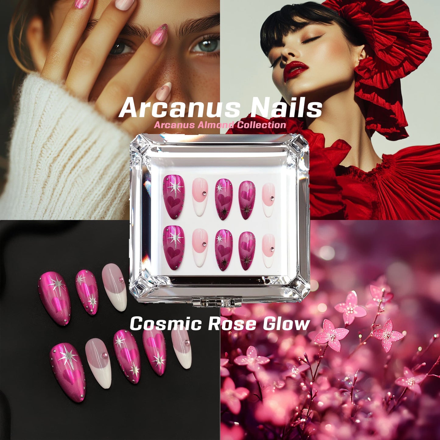 Cosmic Rose Glow Handmade Press On Nails - Arcanus Nails