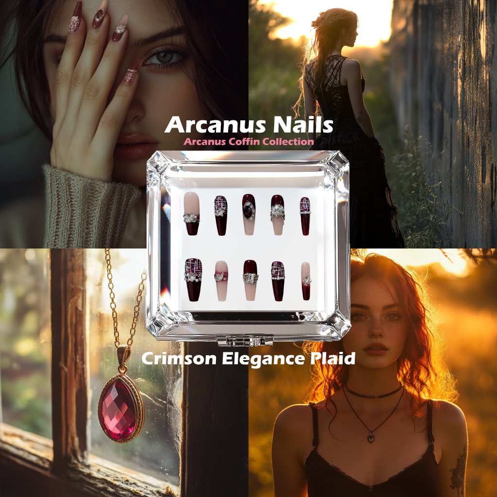 Crimson Elegance Plaid Handmade Press On Nails - Arcanus Nails