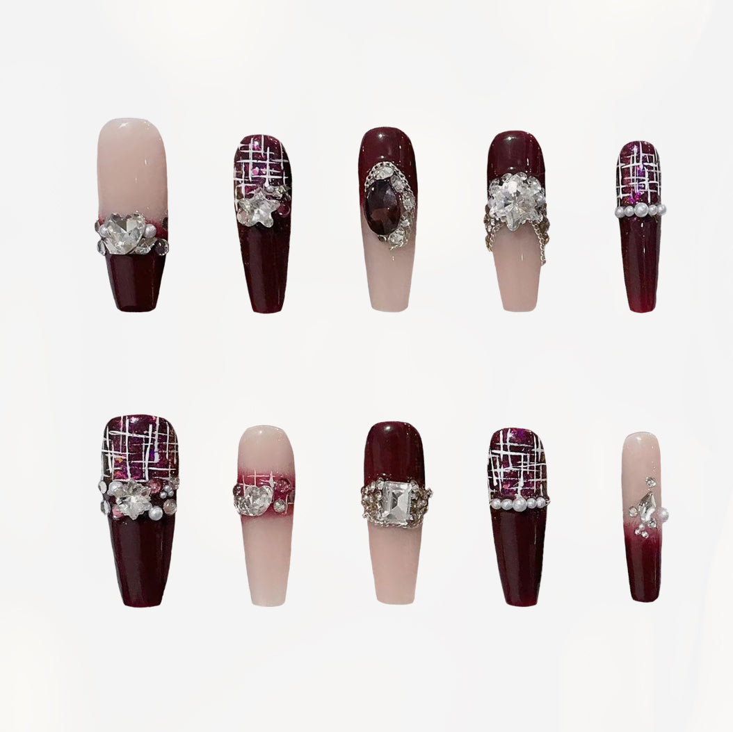Crimson Elegance Plaid Handmade Press On Nails - Arcanus Nails