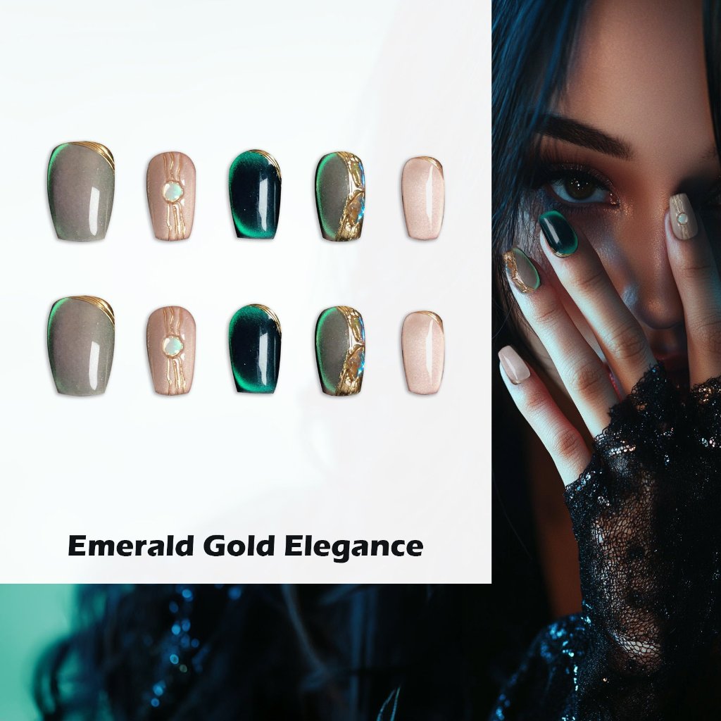 Emerald Gold Elegance Handmade Press On Nails - Arcanus Nails