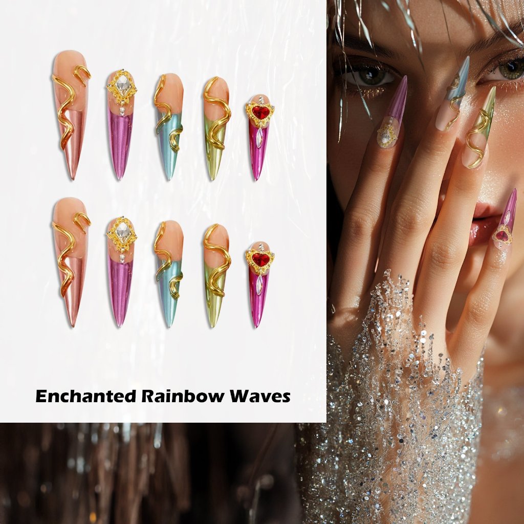 Enchanted Rainbow Waves Handmade Press On Nails - Arcanus Nails