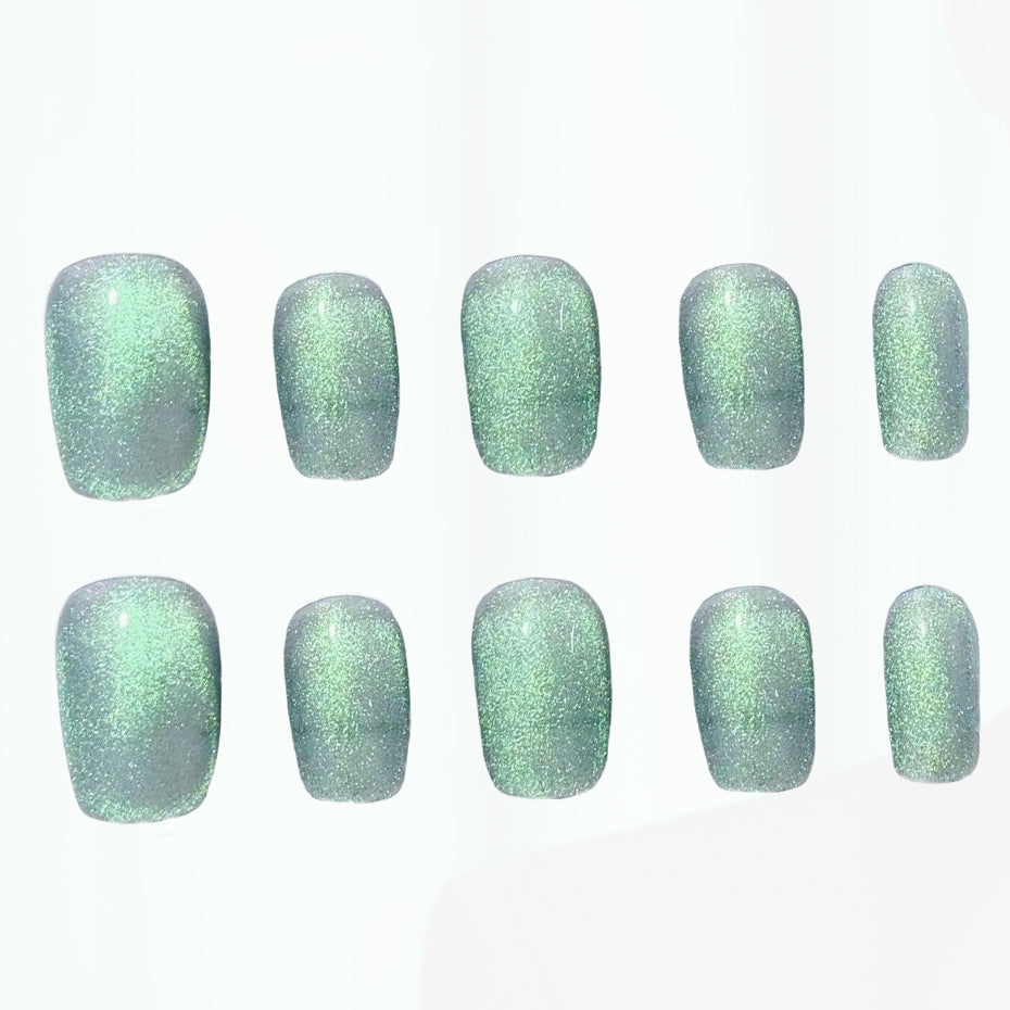 Green Cat Eye Handmade Press On Nails - Arcanus Nails