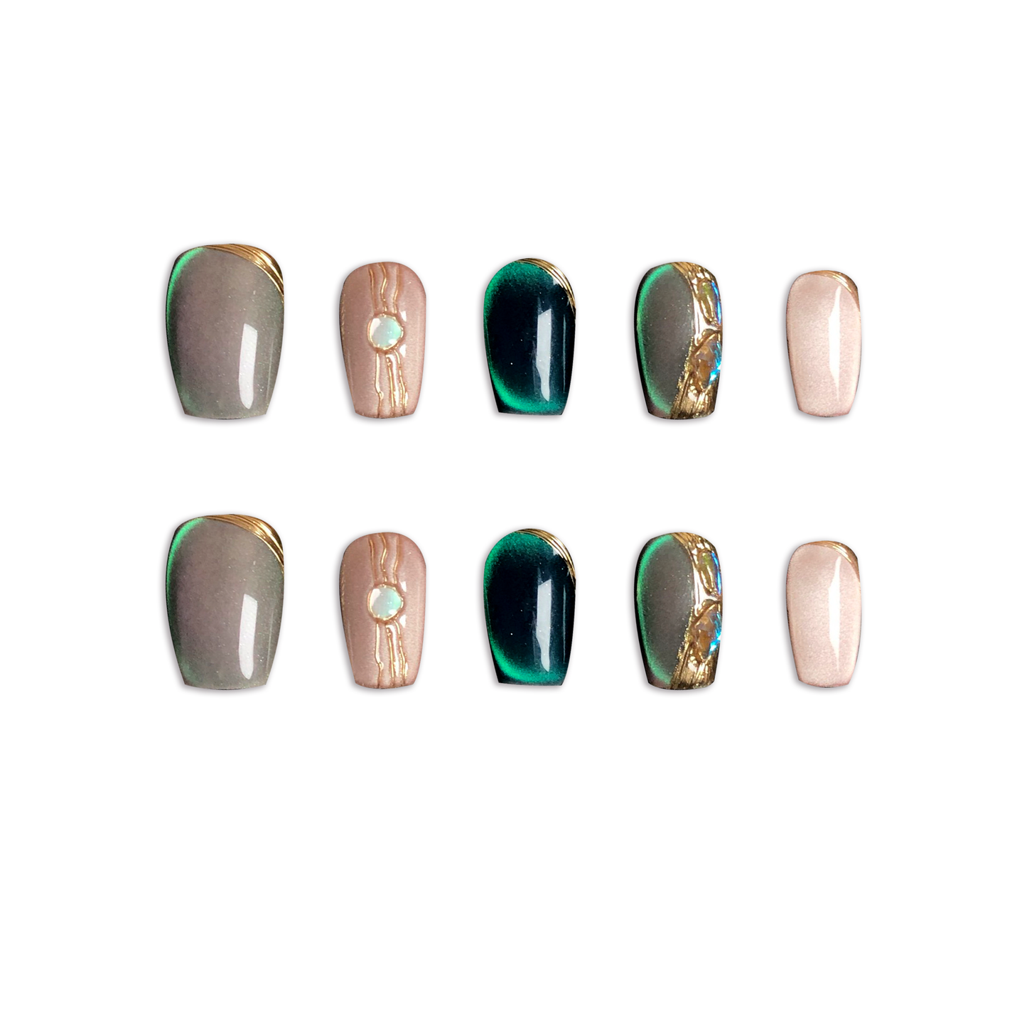 Emerald Gold Elegance Handmade Press On Nails - Arcanus Nails