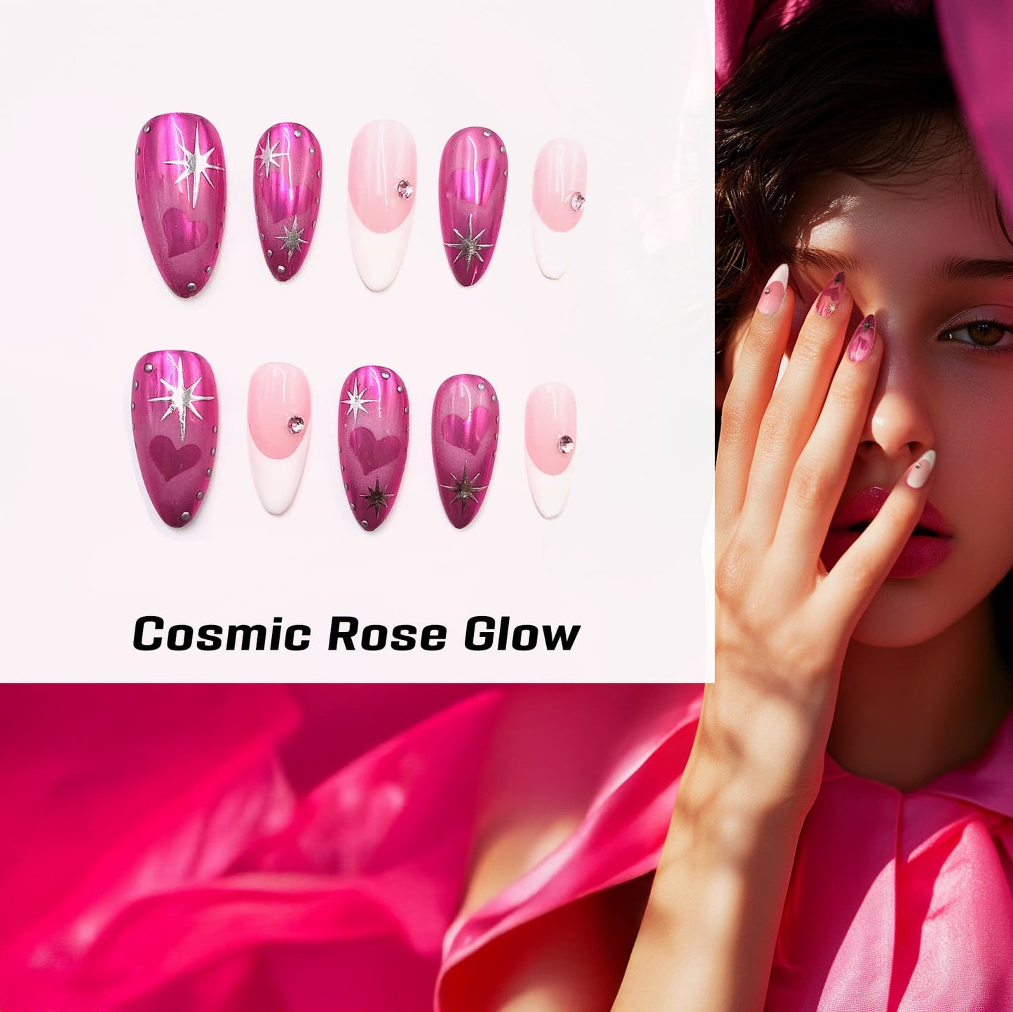 Cosmic Rose Glow Handmade Press On Nails - Arcanus Nails