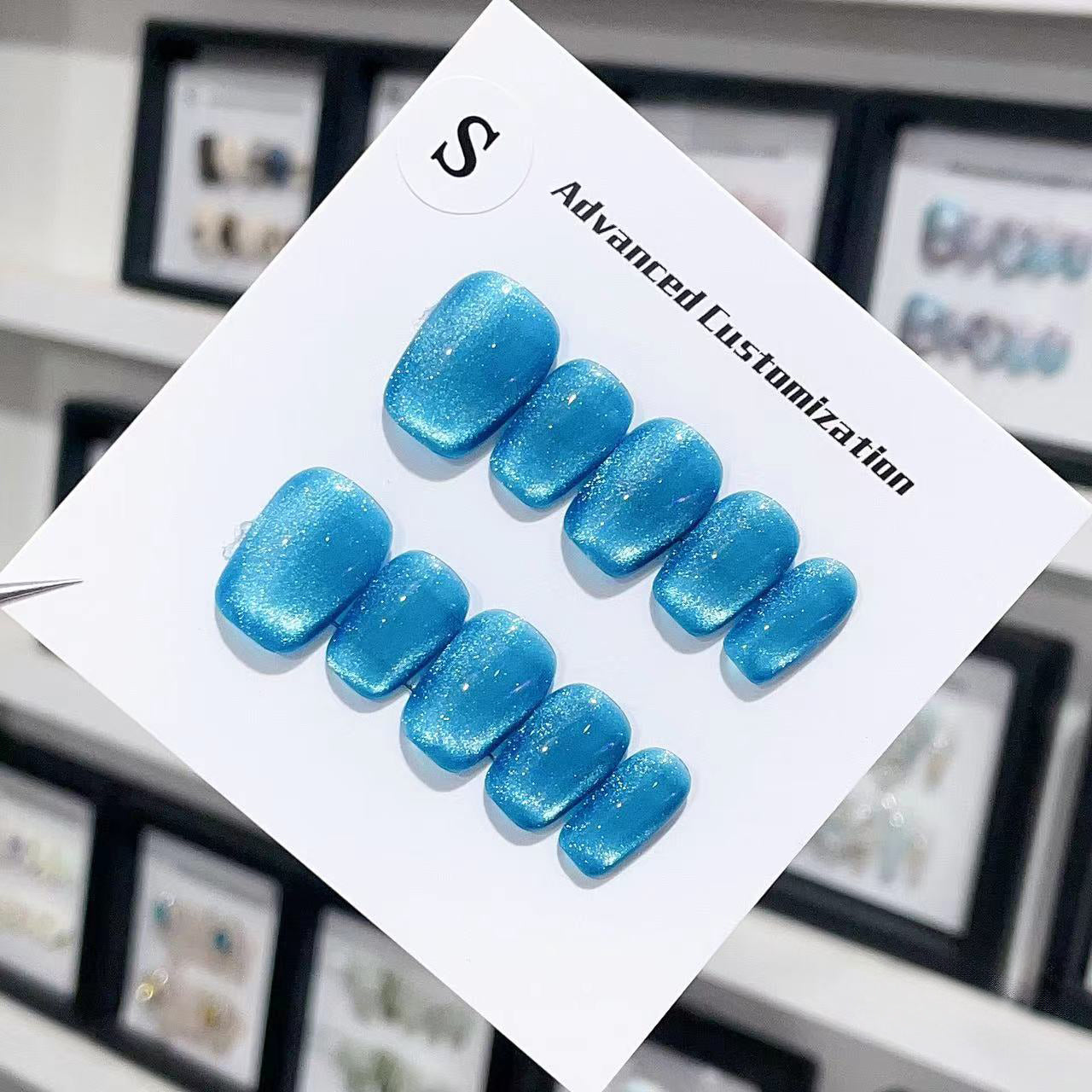 Blue Cat Eye Square Handmade Press On Nails - Arcanus Nails