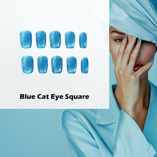 Blue Cat Eye Square Handmade Press On Nails - Arcanus Nails