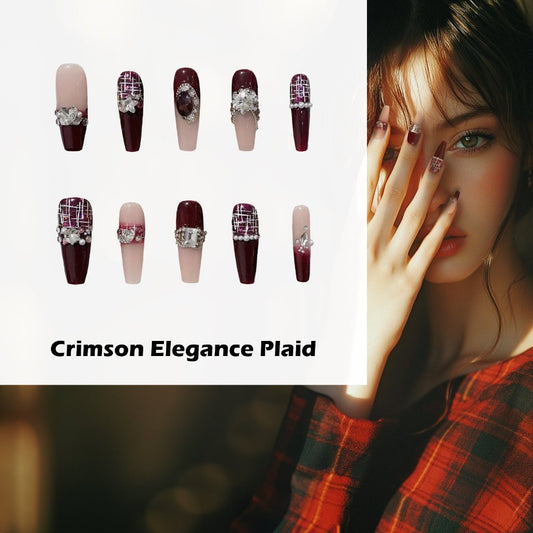 Crimson Elegance Plaid Handmade Press On Nails - Arcanus Nails