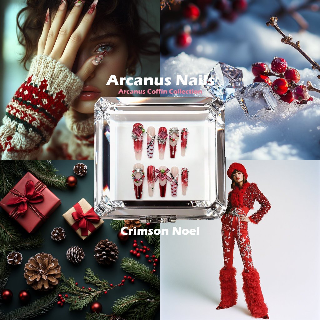 Crimson Noel Handmade Press On Nails - Arcanus Nails