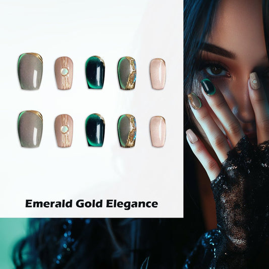 Emerald Gold Elegance Handmade Press On Nails - Arcanus Nails