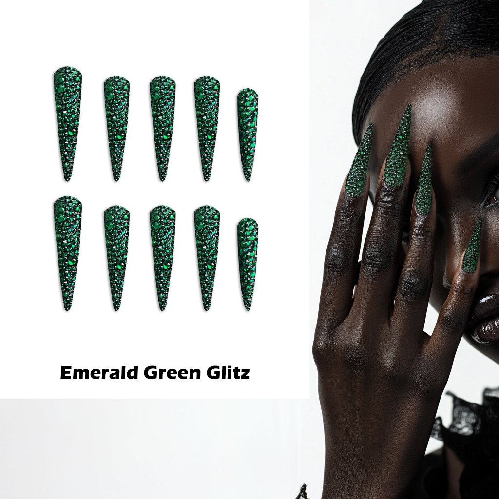 Emerald Green Glitz Handmade Press On Nails - Arcanus Nails
