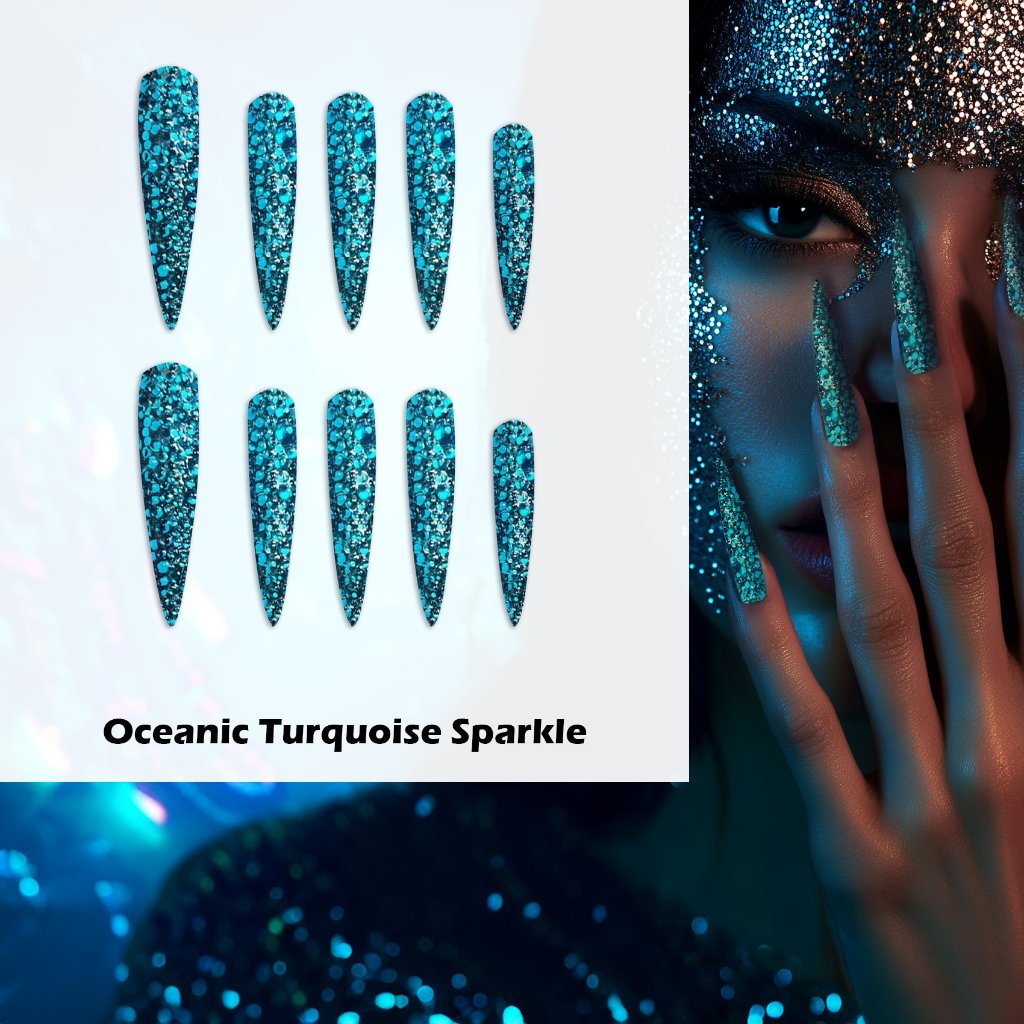 Oceanic Turquoise Sparkle Handmade Press On Nails - Arcanus Nails