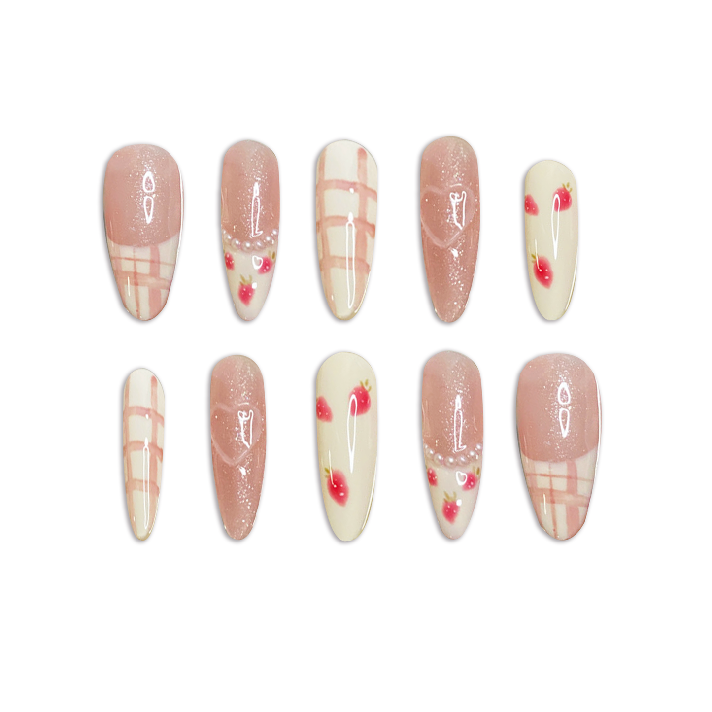 Strawberry Plaid Charm Handmade Press On Nails - Arcanus Nails