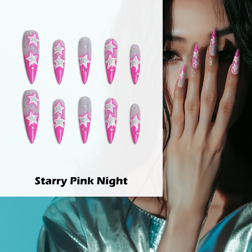 Starry Pink Night Handmade Press On Nails - Arcanus Nails