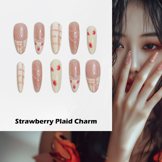 Strawberry Plaid Charm Handmade Press On Nails - Arcanus Nails