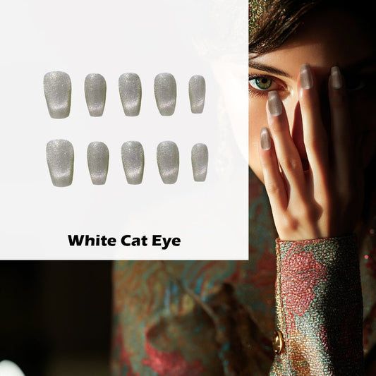 White Cat Eye Handmade Press On Nails - Arcanus Nails