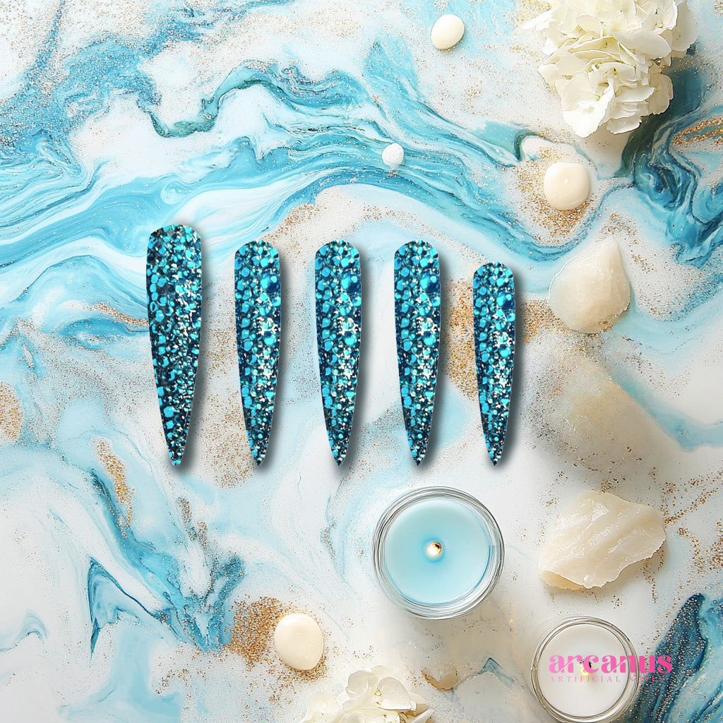 Oceanic Turquoise Sparkle Handmade Press On Nails - Arcanus Nails