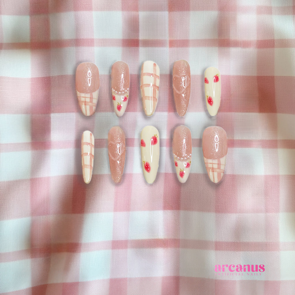 Strawberry Plaid Charm Handmade Press On Nails - Arcanus Nails